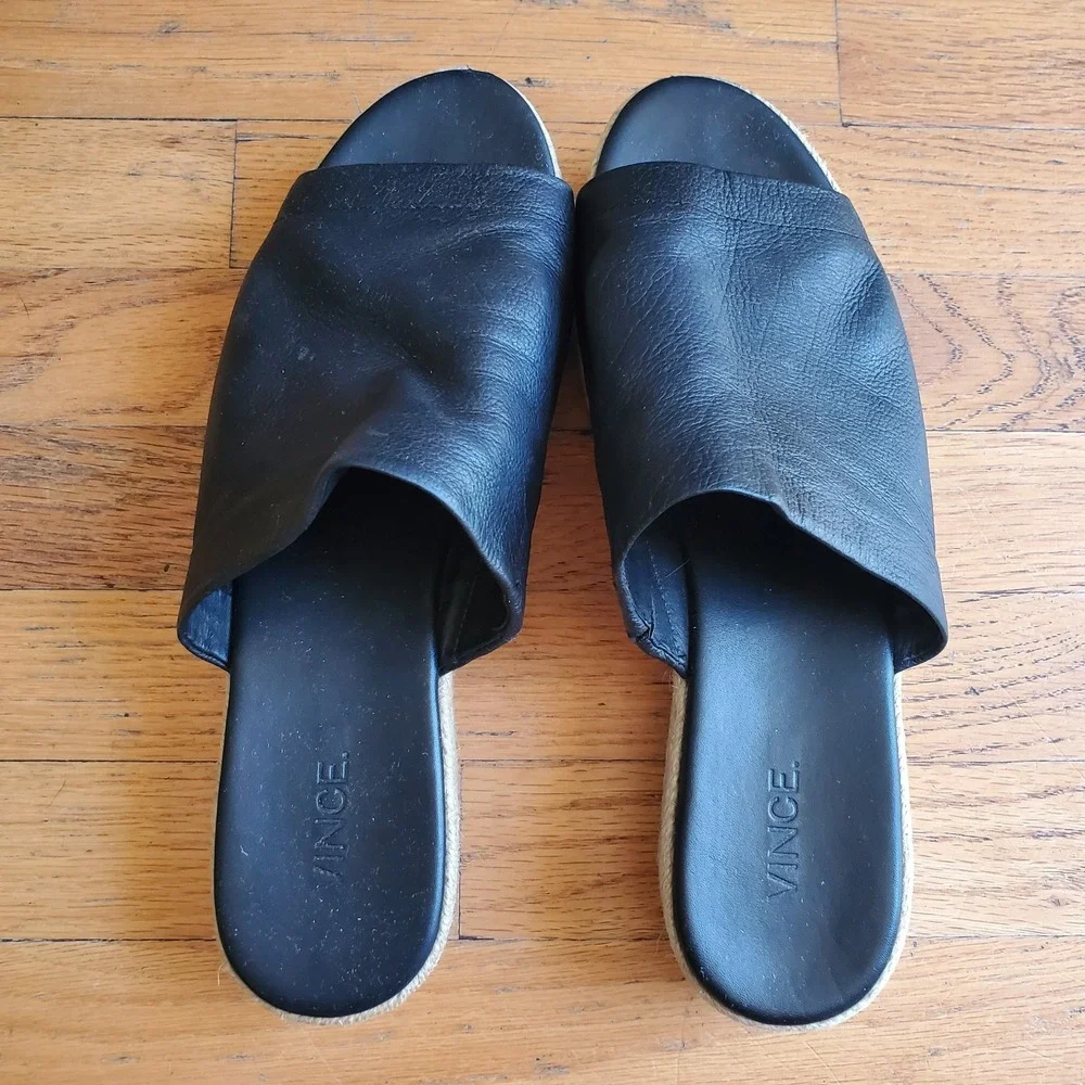 Vince Solana‎ Black Leather Platform Espadrille 9M Open Toe Slide On Minimalist